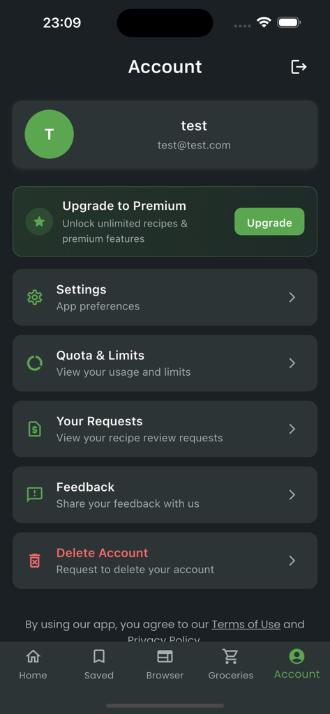 Account settings and premium upgrade options in the Only Recipe mobile app interface