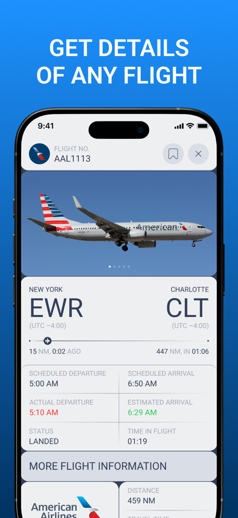 Real‑Time Flight Radar - Echtzeit-Flugradar-App, die den detaillierten Status für einen American Airlines-Flug anzeigt, einschließlich Abflug- und Ankunftszeiten