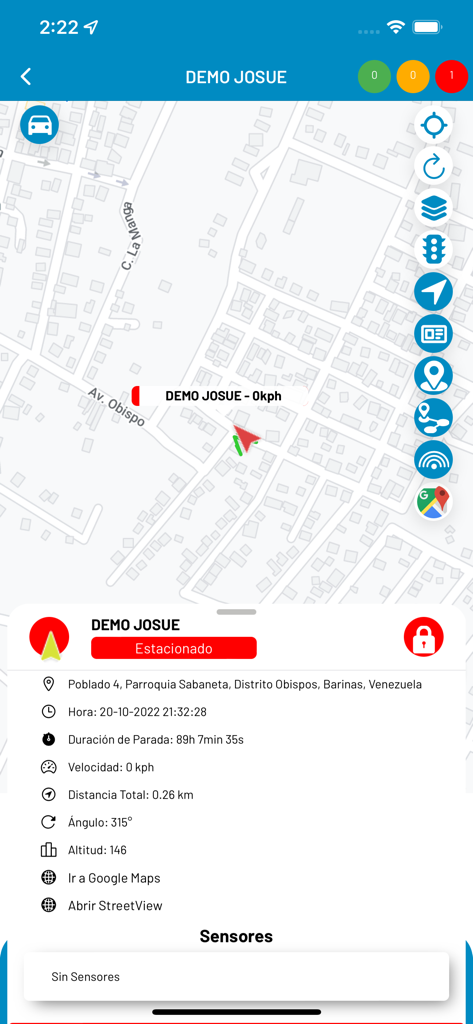 PERUGLOBAL GPS - Interface of the PERUGLOBAL GPS app showing a parked vehicle location on a map with detailed tracking status