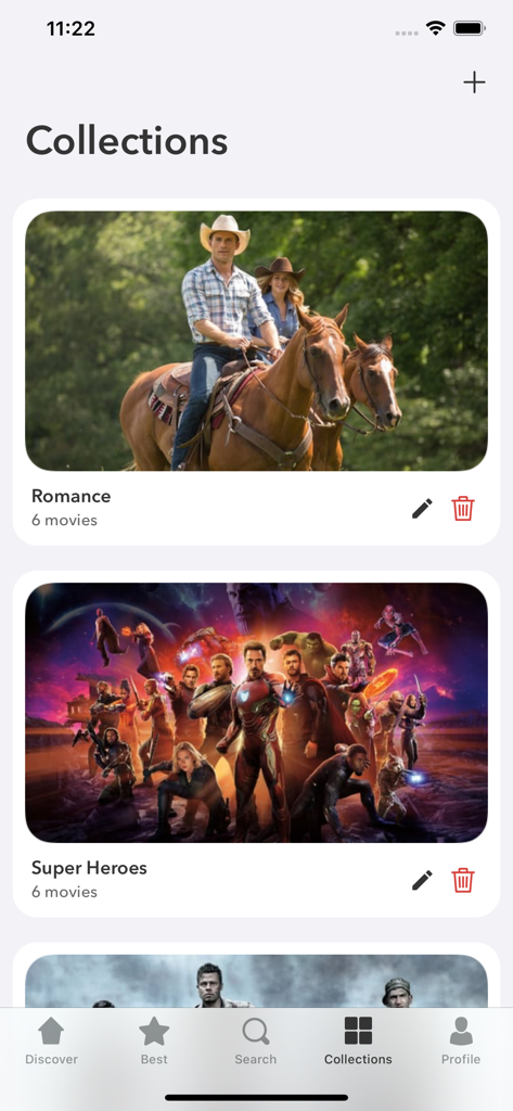 MyMovies - Catalog - Interface of the MyMovies app displaying organized movie collections such as Romance and Super Heroes.