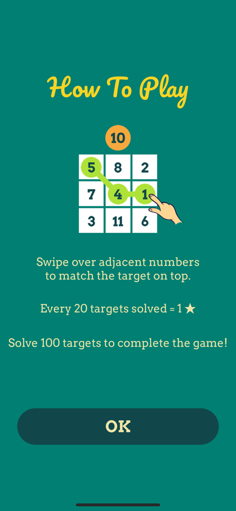 Brain Games : Words & Numbers - Pantalla tutorial que explica cómo deslizar números adyacentes para igualar una suma objetivo en la aplicación Brain Games.