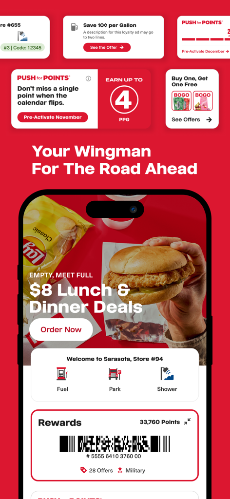 Pilot: myRewards - Mobile app interface for Pilot myRewards showing lunch deals loyalty points and driver services like fuel parking and showers