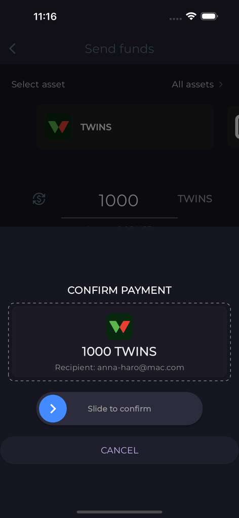 wallet.app - Mobile interface of wallet.app showing a confirmation screen to send 1000 TWINS crypto to an email address with a slide to confirm button
