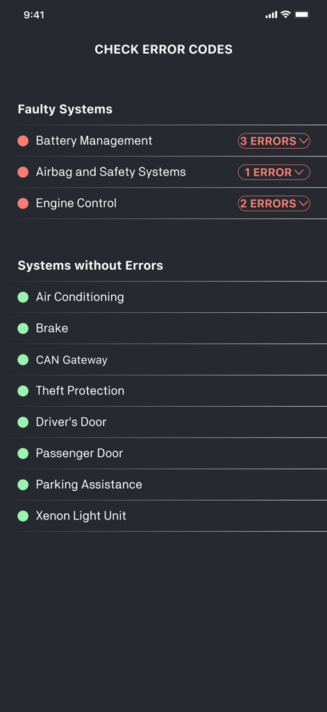 Carly Enterprise app screen showing vehicle diagnostic results and error codes