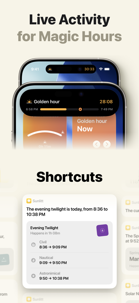 Screenshot of Sunlitt app displaying Live Activity for magic hours and iOS shortcuts for evening twilight timing.