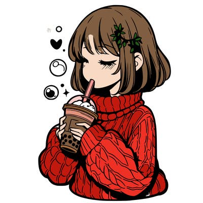 manga girl drinking boba in cozy sweater
