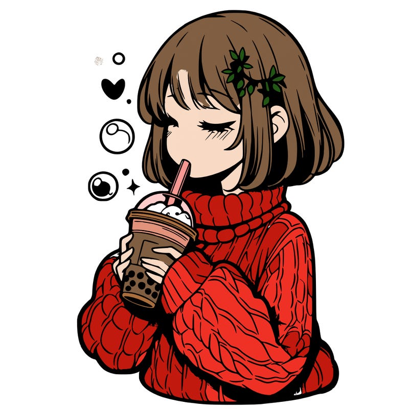 manga girl drinking boba in cozy sweater