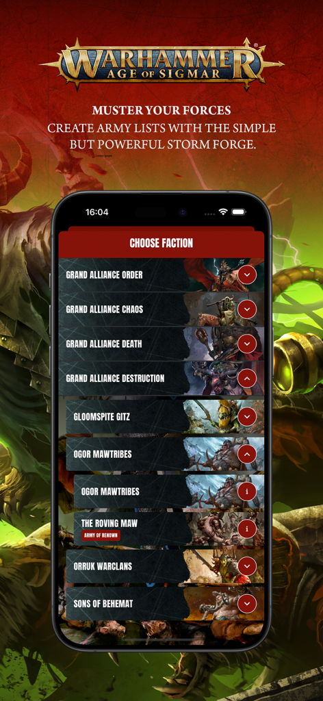 Warhammer Age of Sigmar app screen showing faction selection for building army lists in Storm Forge