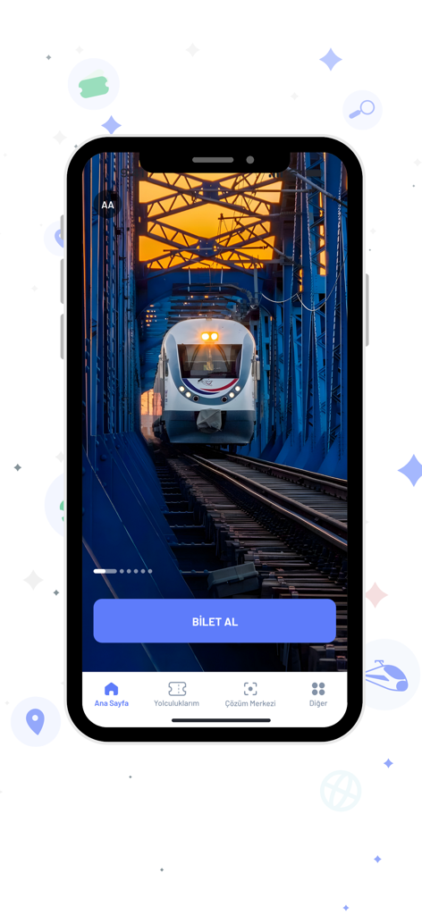E-Biletアプリのホーム画面。トルコの高速列車とチケット購入ボタンが表示されています。