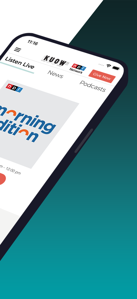 KUOW Puget Sound Public Radio - Interface of the KUOW Puget Sound Public Radio app showing the Morning Edition live stream