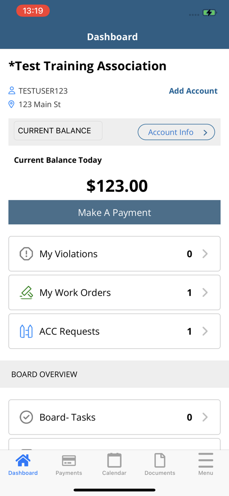 Tela do painel do proprietário no aplicativo DTA Community Management exibindo saldo atual e status da solicitação de serviço