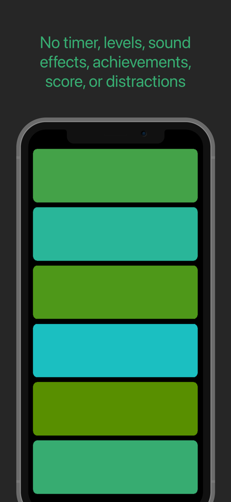 Schermata minimalista dell'app Color Sort Therapy che mostra vari blocchi verdi e un messaggio sulla mancanza di distrazioni