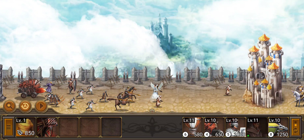 Kingdom Wars2 - Jugabilidad de estrategia de desplazamiento lateral de Kingdom Wars 2 con unidades atacando un castillo