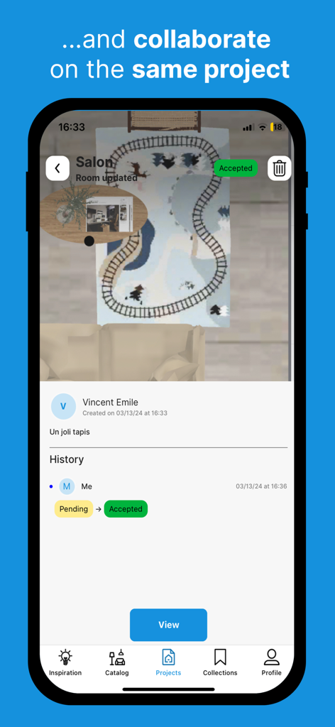 HomeByMe mobile app screen showing project collaboration and design approval history