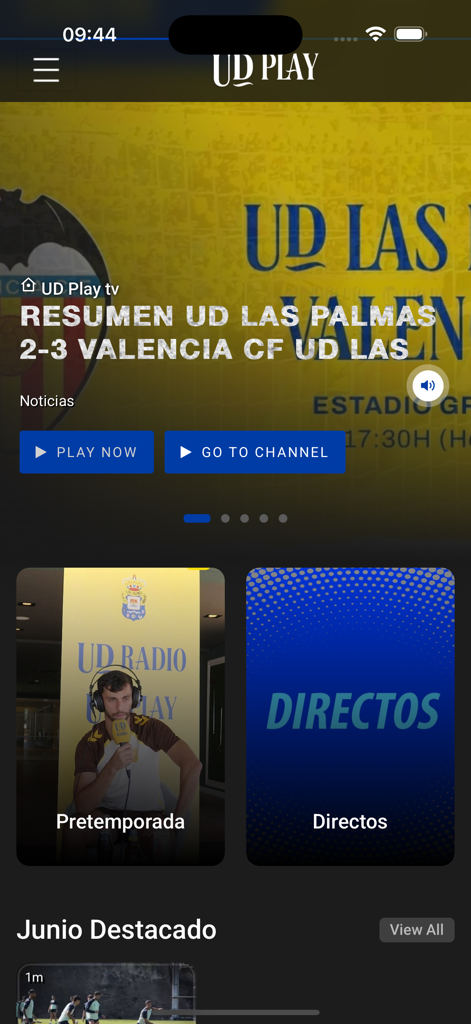 UD Play - Interfaz de la aplicación UD Play mostrando resúmenes de partidos y categorías de video en vivo