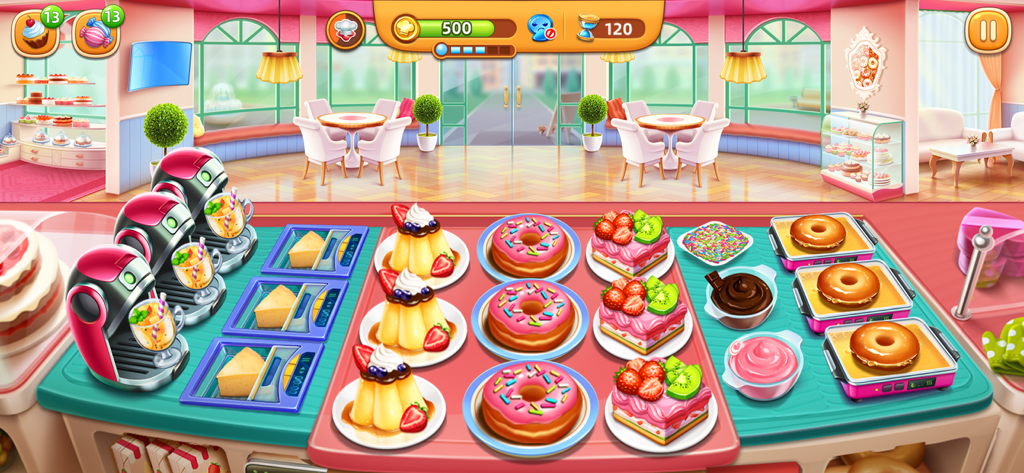 Colorful bakery counter with donuts and cakes in the Cooking City mobile game
