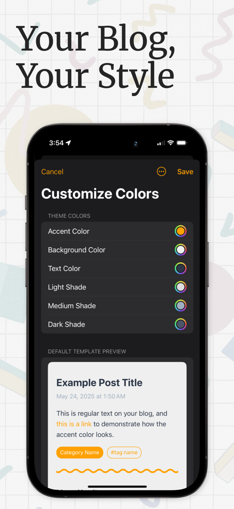 Interfaz de la aplicación Postalgic que muestra opciones de personalización de colores del tema para un blog personal.