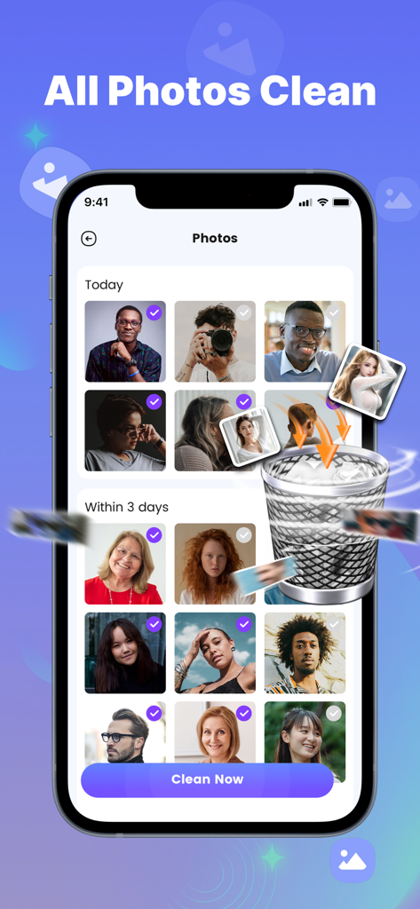Clean UP-AI Storage Cleaner - Interfaz de la aplicación Clean UP mostrando la selección de fotos duplicadas y un icono de papelera para la optimización del almacenamiento.
