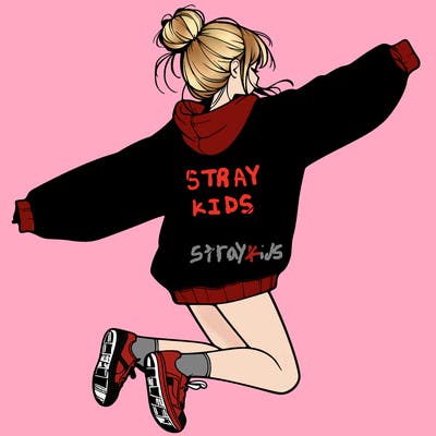 realistic girl jumping with a bun and oversized sweatshirt