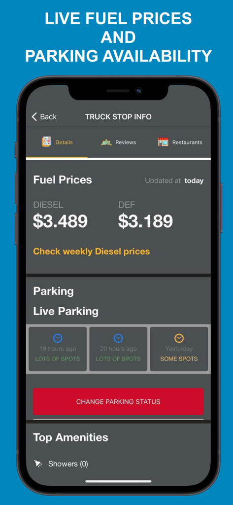 Road Hunter app screen showing live diesel fuel prices and truck parking availability
