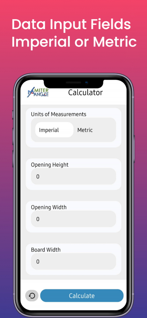 Miter Angle Calculator - Miter Angle Calculator app screen showing input fields for dimensions in imperial or metric units
