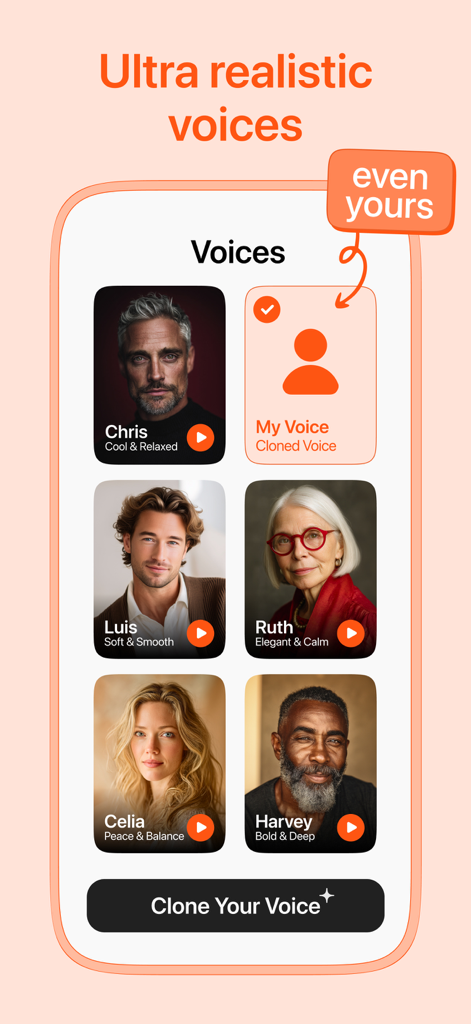 Listen AI app interface showing diverse realistic AI voice options and a voice cloning feature