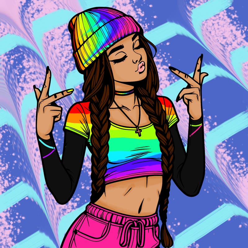 realistic teenage girl with braids and a beanie and crop top doing 🫶🏼