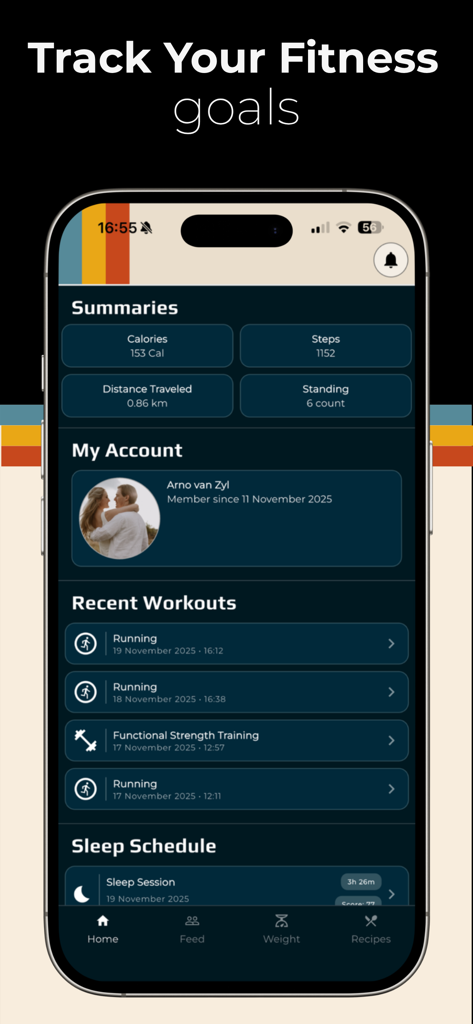 Re:Fit - Re Fit app dashboard displaying summaries for calories and steps and a list of recent workouts.