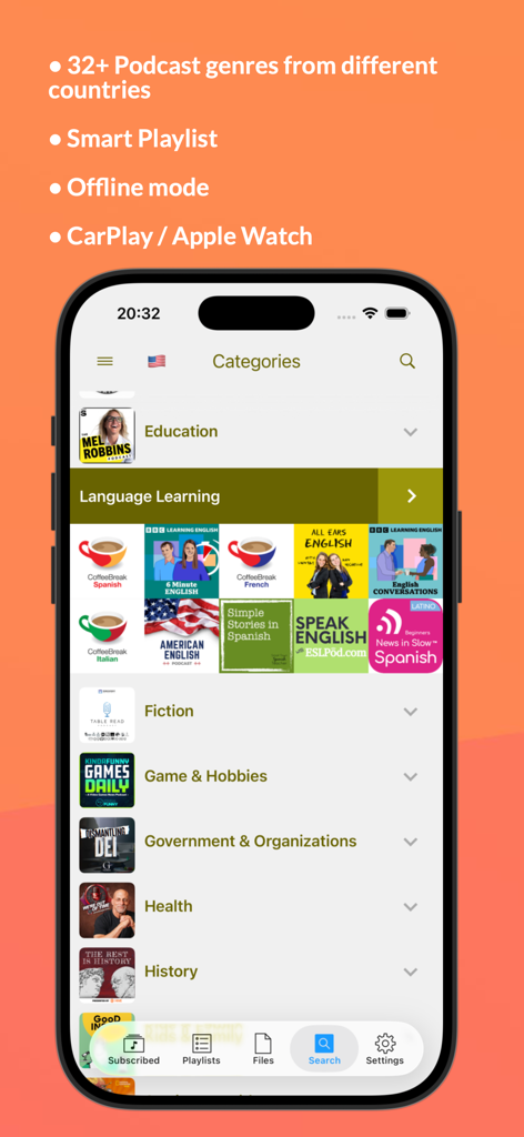 Podcast App - PlaydioCast - PlaydioCast mobile app interface showing various podcast categories like education and language learning