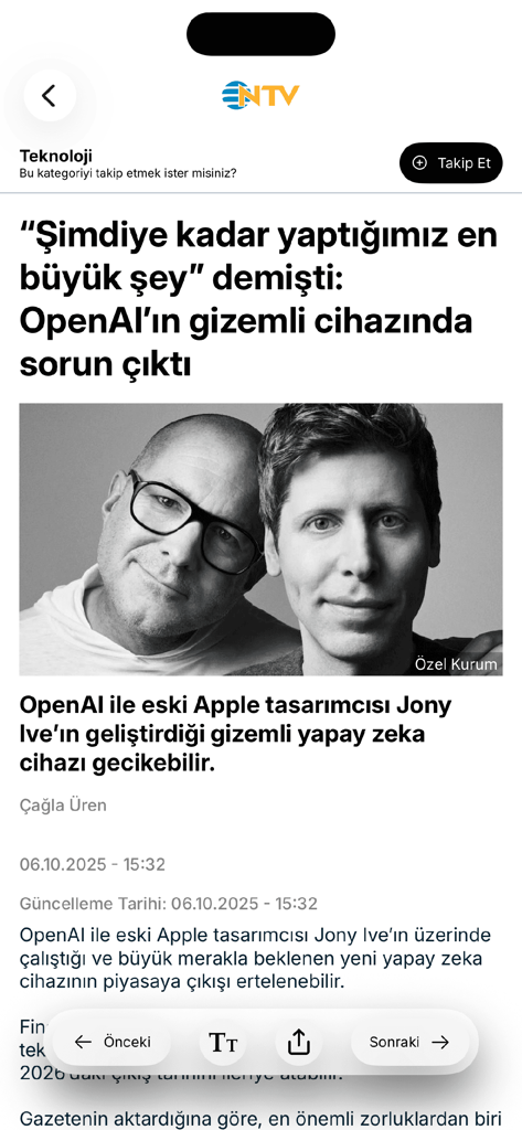 Aplicación móvil NTV mostrando un artículo de noticias de tecnología en turco sobre OpenAI y Jony Ive