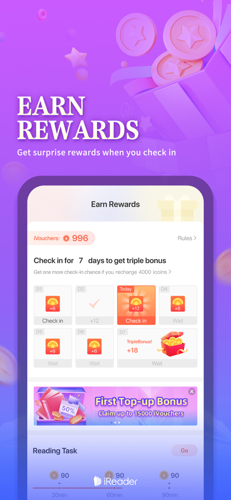 iReader app Earn Rewards screen showing daily check-in bonuses and reading tasks to earn vouchers.