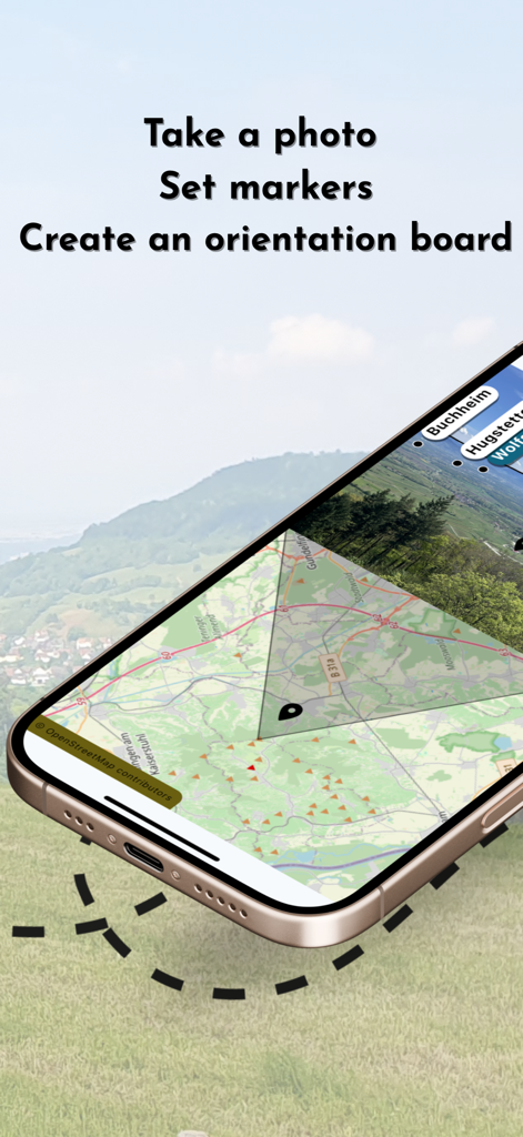 MapShot - Orientation Boards - MapShot app on an iPhone showing a map with location markers and a scenic mountain backdrop