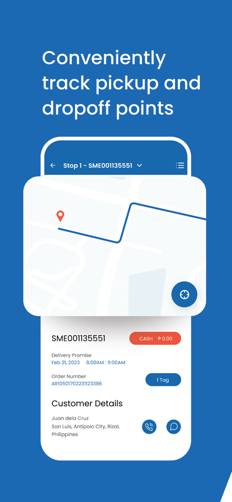 Snapmart Rider's App - Pantalla de la app Snapmart Rider que muestra una ruta de mapa y los detalles de entrega del cliente