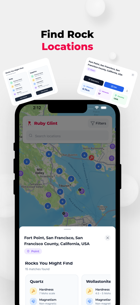 Ruby Glint: Rock Identifier - Ruby Glint app showing an interactive map to find rock and mineral locations in San Francisco