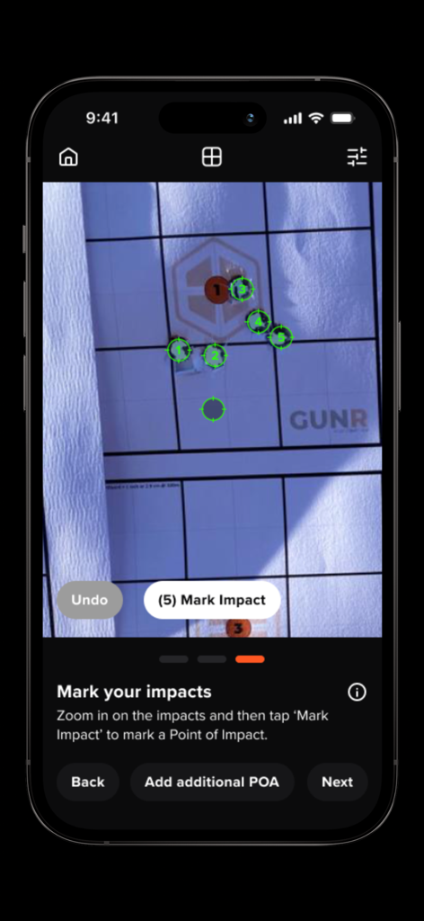 Screenshot of Ballistic X app showing numbered shot impacts on a target