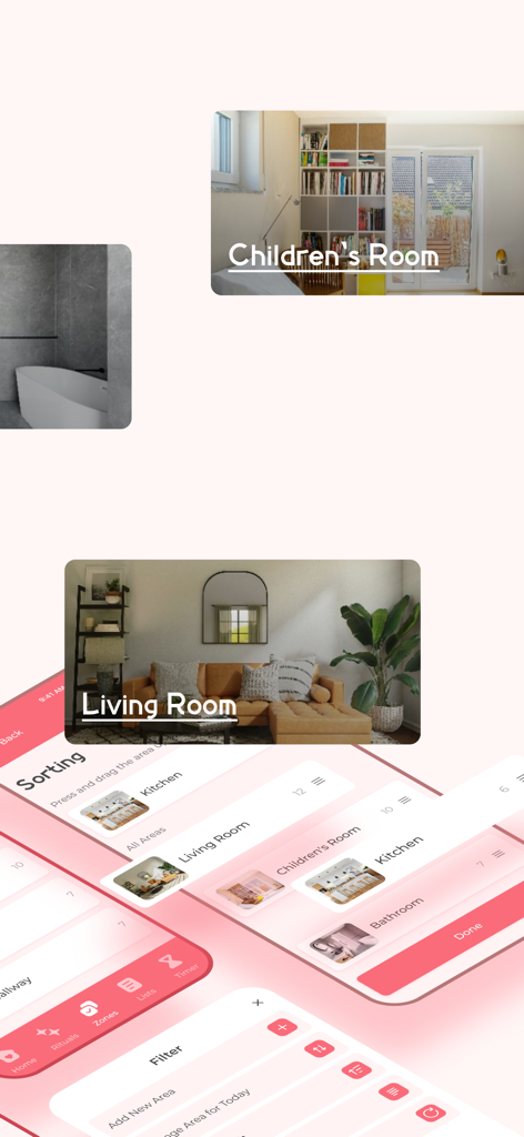 Interface do aplicativo LadyFly mostrando tarefas domésticas organizadas por cômodos e zonas