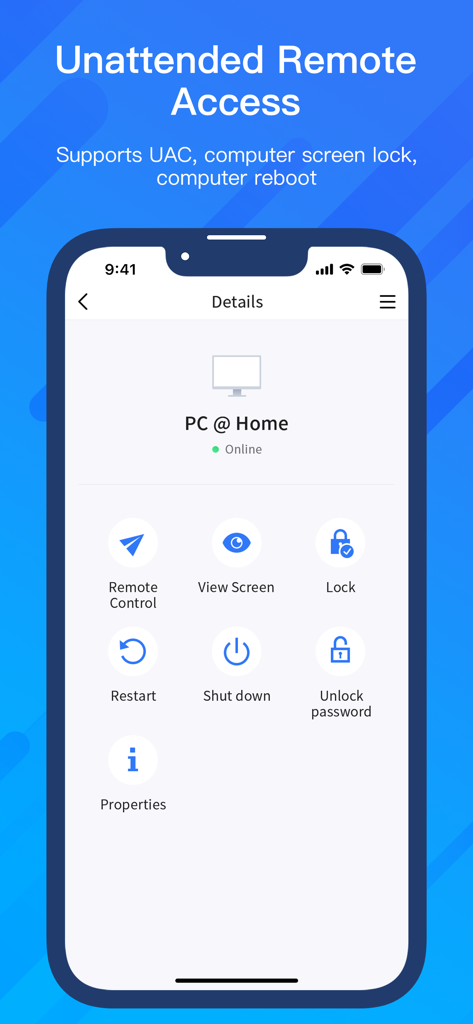 AnyViewer Remote Desktop interface showing options for unattended remote access to a home PC