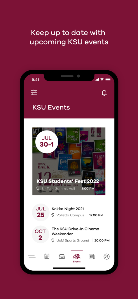 myKSU - Mobile screen of the myKSU app displaying upcoming university campus events and student organization activities