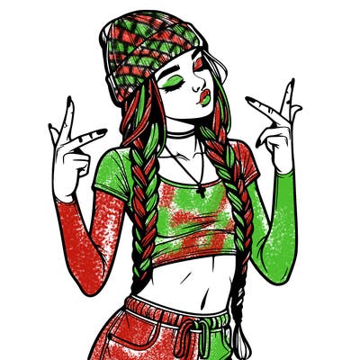 realistic teenage girl with braids and a beanie and crop top doing 🫶🏼
