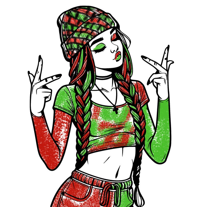 realistic teenage girl with braids and a beanie and crop top doing 🫶🏼