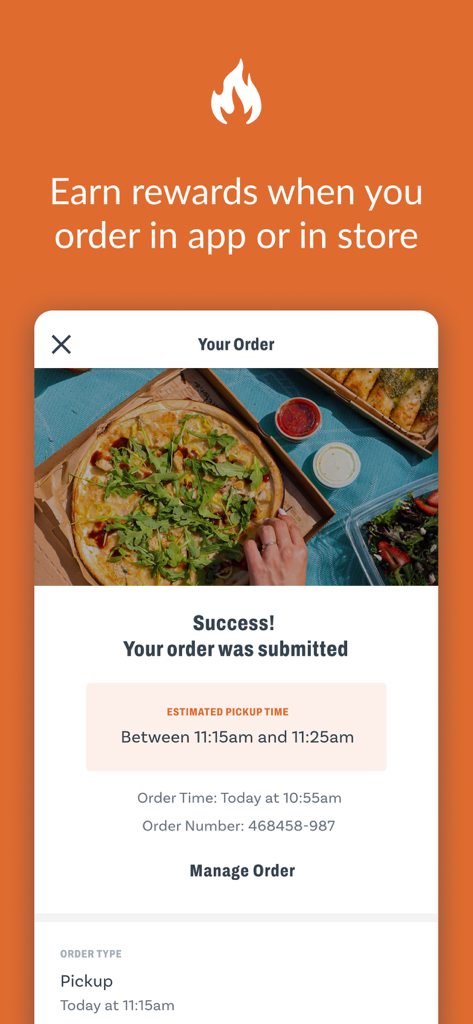 Blaze Pizza - Blaze Pizza mobile app order confirmation screen showing a successful order and estimated pickup time