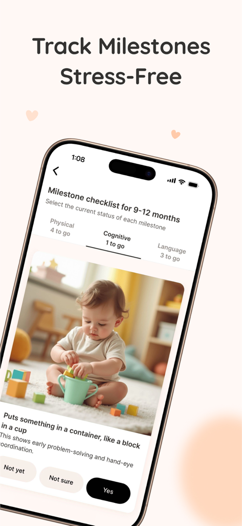 A screenshot of the Coozy app displaying a developmental milestone checklist for babies aged nine to twelve months