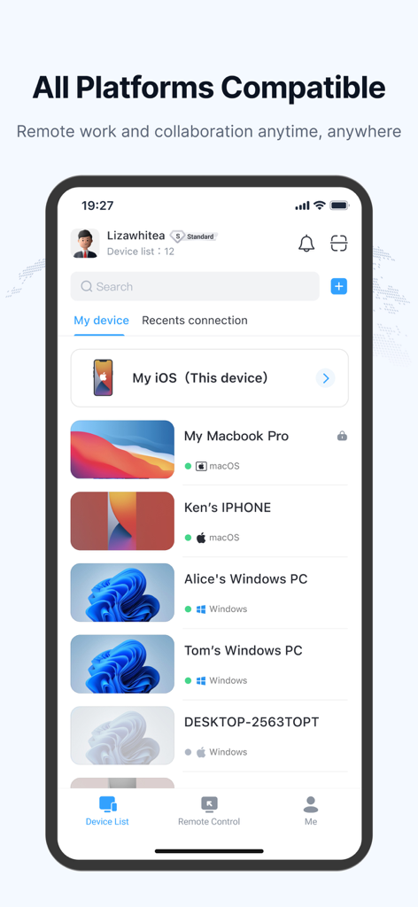 DeskIn Remote Desktop - Interface de l'application mobile DeskIn montrant une liste d'appareils distants connectés, y compris des PC Windows et des MacBook