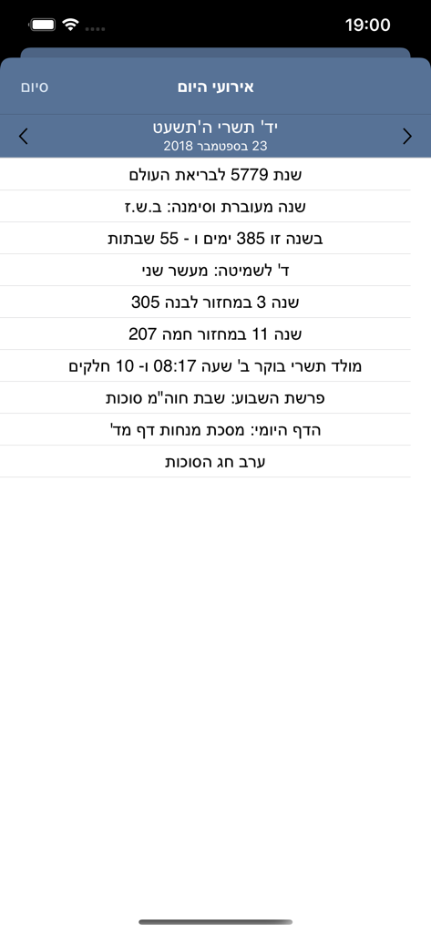 A detailed list of Jewish daily events and Halachic information in the Hebrew Calendar app