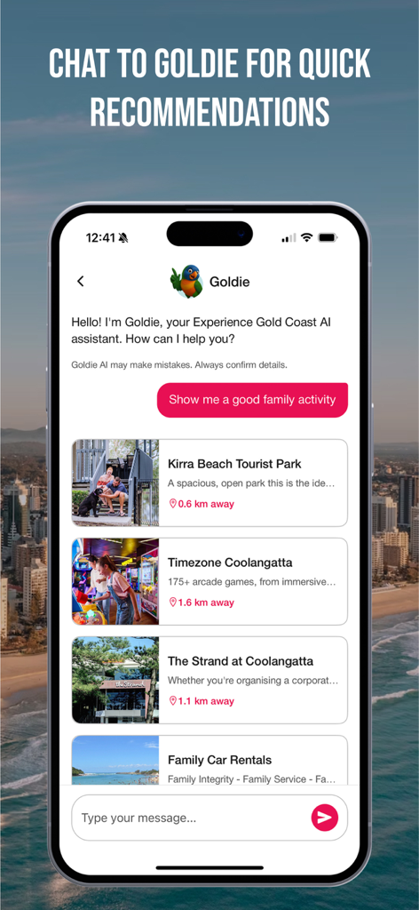 Experience Gold Coast - AI assistant Goldie providing local activity recommendations in the Experience Gold Coast app