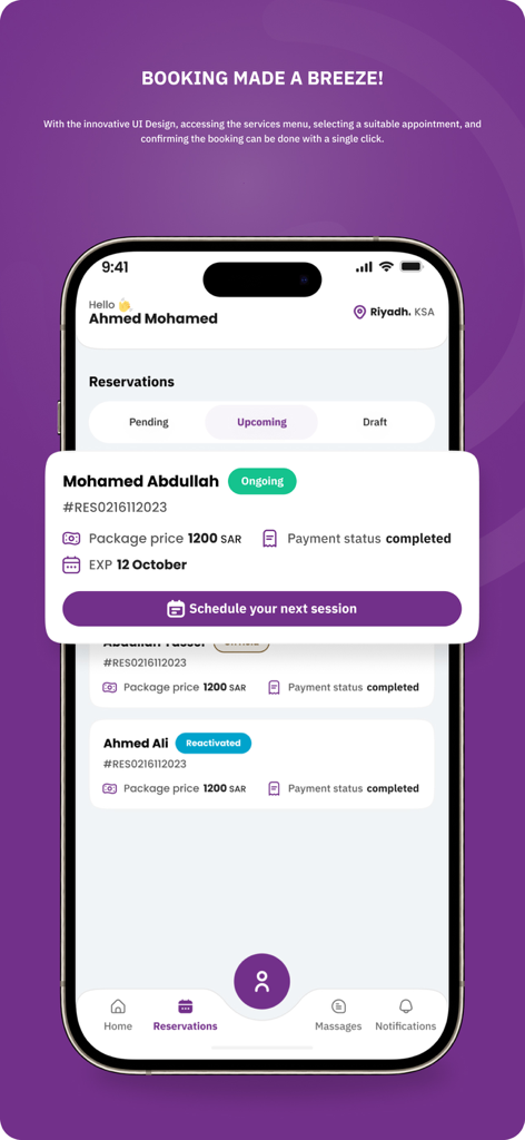 Refd | رفد - Interface of the Refd medical app showing the reservations screen with details of an ongoing appointment in Riyadh.