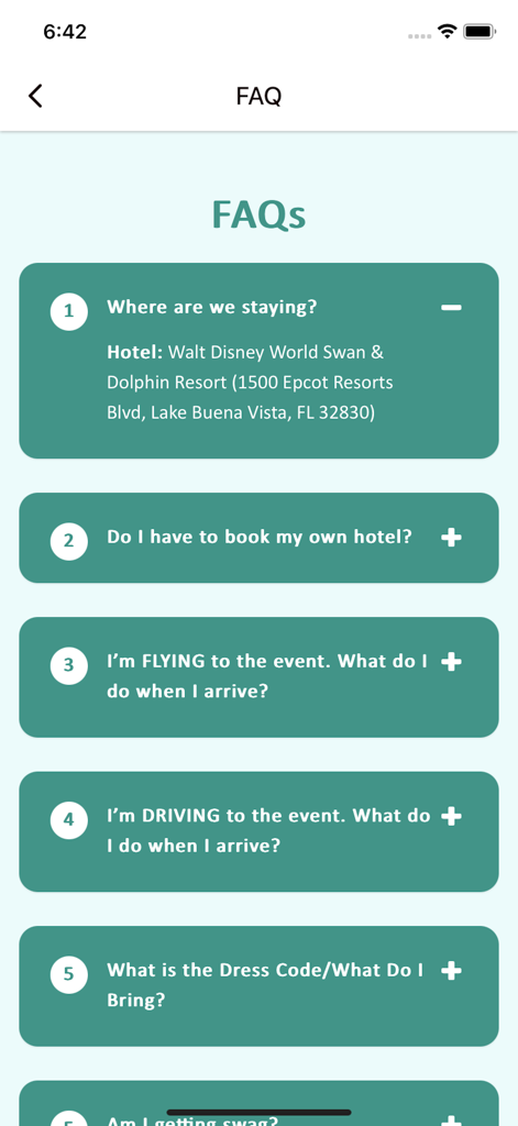 DSG Events app frequently asked questions screen showing event logistics and hotel information