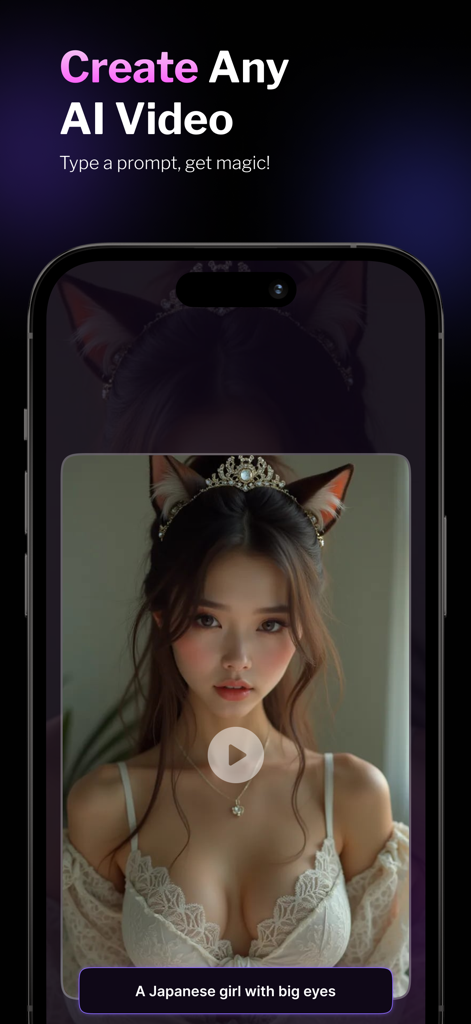 Pixel Loom App-Oberfläche, die ein KI-Video eines japanischen Mädchens zeigt, das aus einem Text-Prompt erstellt wurde