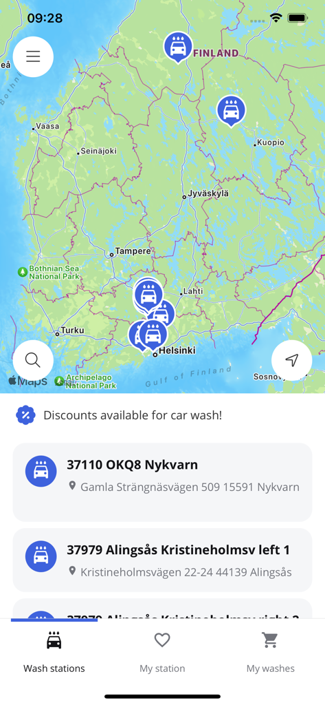 Easy Wash - Eine Karte von Autowaschanlagenstandorten in Finnland, angezeigt in der Benutzeroberfläche der Easy Wash Mobile App.
