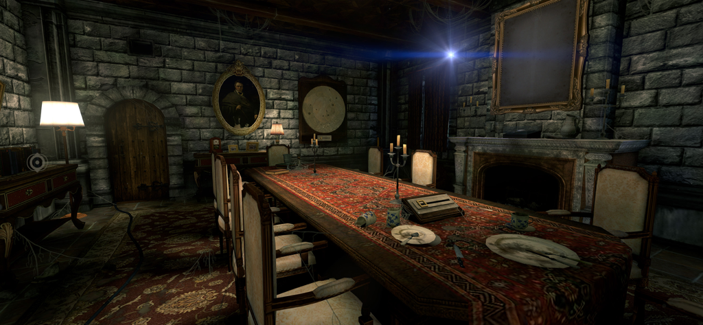 Un misterioso comedor dentro de un castillo abandonado con paredes de piedra y luz tenue.